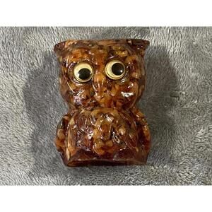 VTG Weirdo Owl Figurine acrylic vomit style Genuine Petrified Wood Googly Eyes